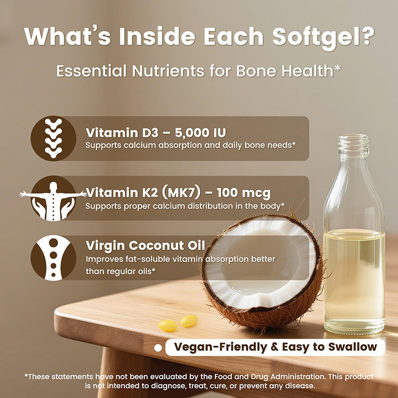 Coconut Flavor Vitamin D3 and K2 Dietary Supplement Softgels